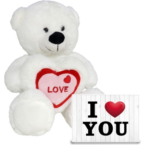 Pluche knuffel Valentijn I Love You beertje 30cm met hartjes wenskaart -