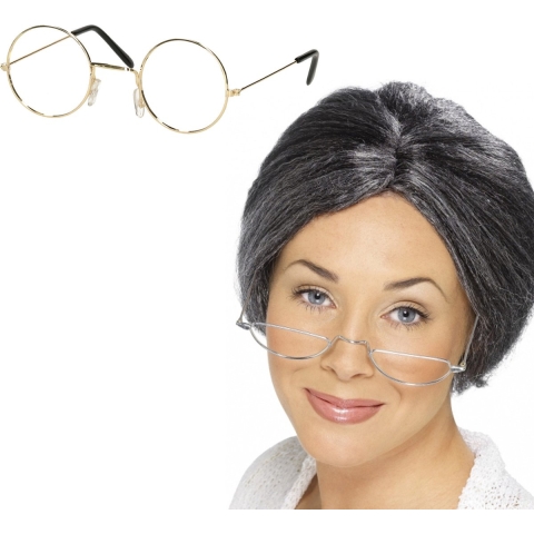 Oma Sarah carnaval verkleed set pruik en brilletje -