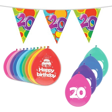 Leeftijd verjaardag thema 20 jaar pakket ballonnen/vlaggetjes -