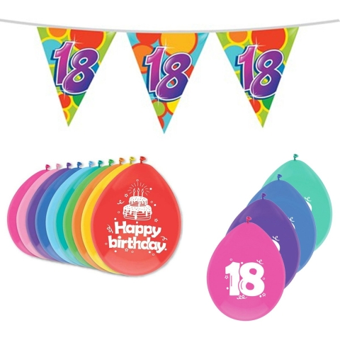 Leeftijd verjaardag thema 18 jaar pakket ballonnen/vlaggetjes -
