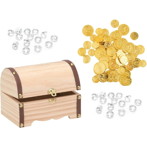 Houten piraten schatkist 15 x 10 cm met 100x plastic gouden piraten geld munten en edelstenen -