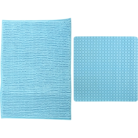 MSV Douche anti-slip mat en droogloop mat - Sevilla badkamer set - rubber/microvezel - lichtblauw -