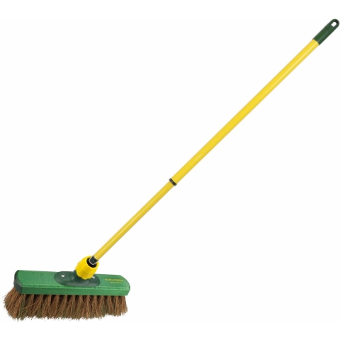 Kunststof harde straatbezem/buitenbezem kokoshaar 28 cm met metalen telescoopsteel geel 80 - 130 cm -