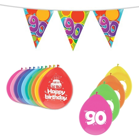 Leeftijd verjaardag thema 90 jaar pakket ballonnen/vlaggetjes -
