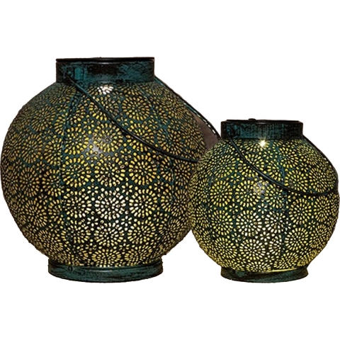 Solar lantaarn set - 2-delig - antiek - turquoise - metaal - 16 x 14 / 19 x 18 cm -