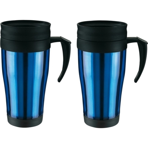 Thermosbeker/warmhoudbeker Koffie To Go - 2x - blauw/zwart - 400 ml - koffie/thee bekers - dubbelwan -