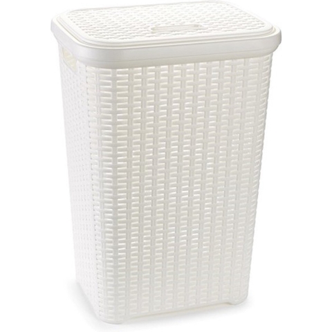 Plasticforte Wasmand met deksel - 60 liter - wit - rotan - kunststof - L35 x B43 x H62 cm -