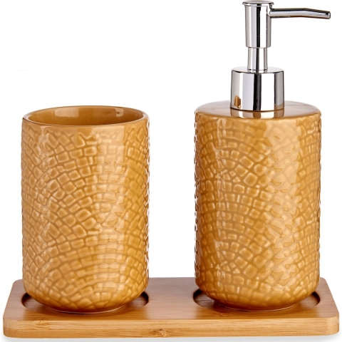 Badkamer accessoires set 3-delig camel bruin relief van keramiek -