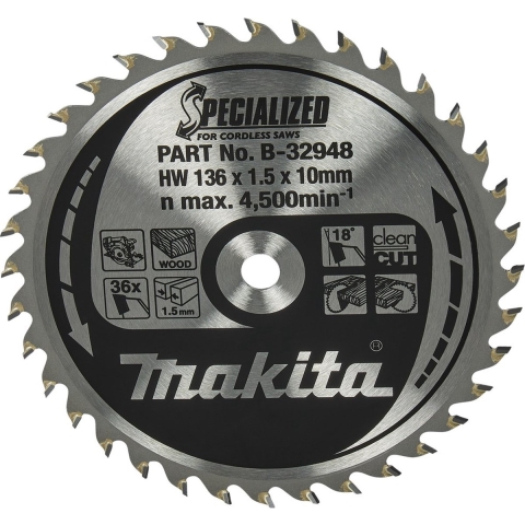 Makita Cirkelzaagblad voor Hout | Specialized: Accu | Ø 136mm Asgat 10mm 36T - B-32948