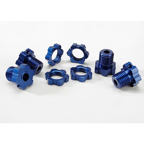 Wheel hubs, splined, 17mm (blue-anodized) (4)/ wheel nuts, splined, 17mm (blue-anodized) (4)/ screw pins, 4x13mm (with threadlock) (4)