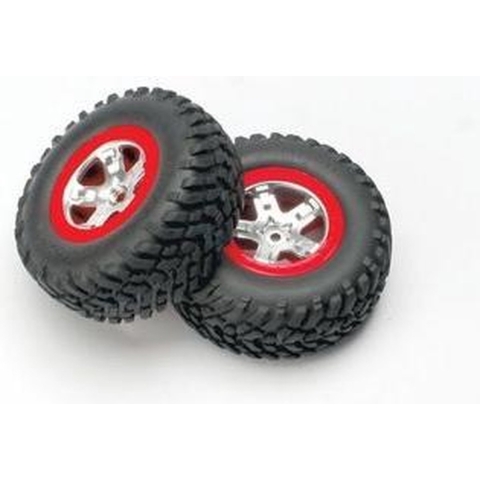 Tires & wheels, assembled, glued (sct satin chrome wheels, red beadlock (dual profile 2.2" outer, 3.0" inner), sct off-road tires, foam inserts) (2...