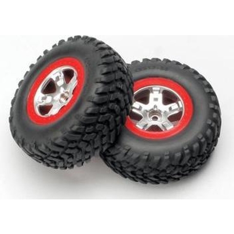 Tires & wheels, assembled, glued (sct satin chrome wheels, red beadlock (dual profile 2.2" outer, 3.0" inner), sct off-road tires, foam inserts) (...