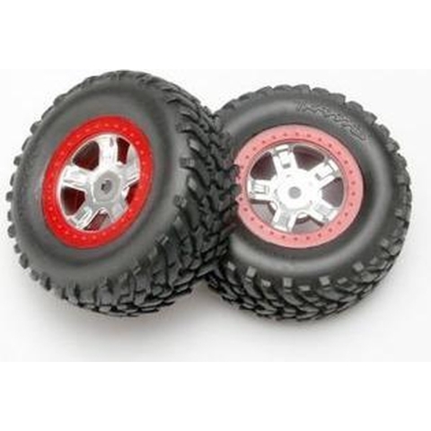 Tires and wheels, assembled, glued (sct satin chrome wheels, red beadlock style, sct off-road racing tires, foam inserts) (1 each, right & left)