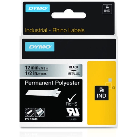 Labeltape DYMO IND RHINO 18486 Polyester Tapekleur: Metallic Tekstkleur:Zwart 12 mm 5.5 m