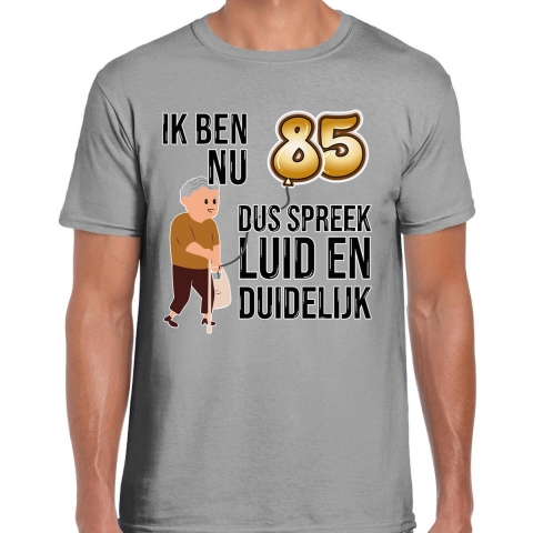 Cadeau T-shirt heren - leeftijd 85 jaar - grijs - luid en duidelijk - verjaardagsfeest L -