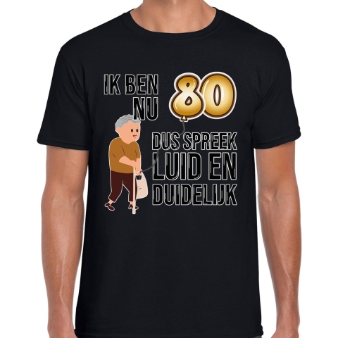 Cadeau T-shirt heren - leeftijd 80 jaar - zwart - luid en duidelijk - verjaardagsfeest 2XL -