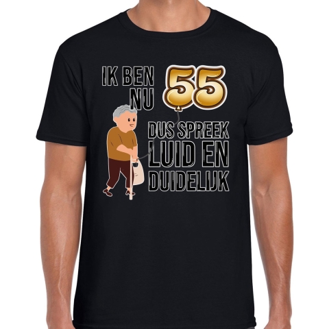 Cadeau T-shirt heren - leeftijd 55 jaar - zwart - luid en duidelijk - verjaardagsfeest S -