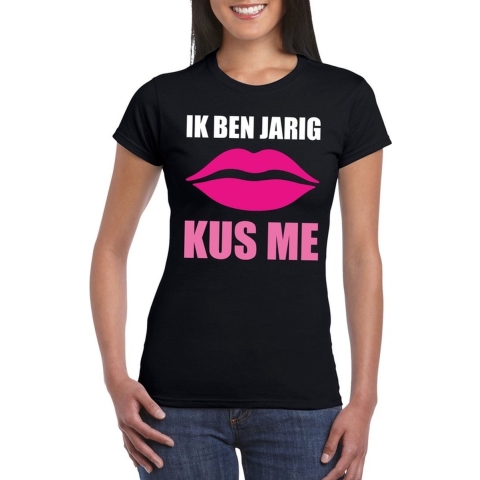 Ik ben jarig kus me t-shirt zwart dames L -