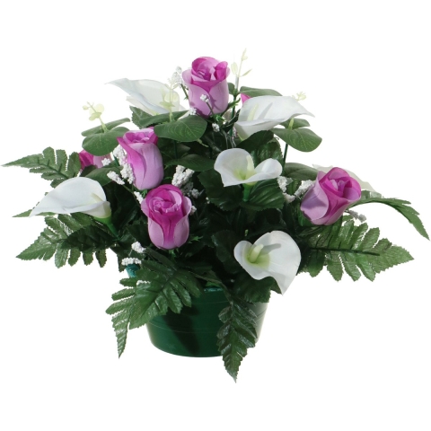 Kunstbloemen plantje in pot - wit/paars - 26 cm - Bloemstuk ornament - met bladgroen -