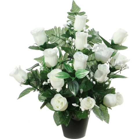 Kunstbloemen plantje rozen/gipskruid in pot - wit - H35 cm - Bloemstuk - Bladgroen -
