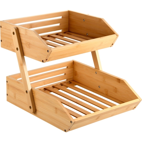 Keuken aanrecht etagiere - 2 niveaus - bamboe - rekje/organizer - 38 x 32 x 33 cm - lichtbruin -