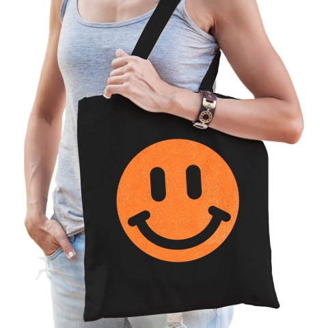 Cadeau tas voor dames - glitter Smile Emoticon - zwart - katoen - 42 x 38 cm - Moederdag - verjaarda -