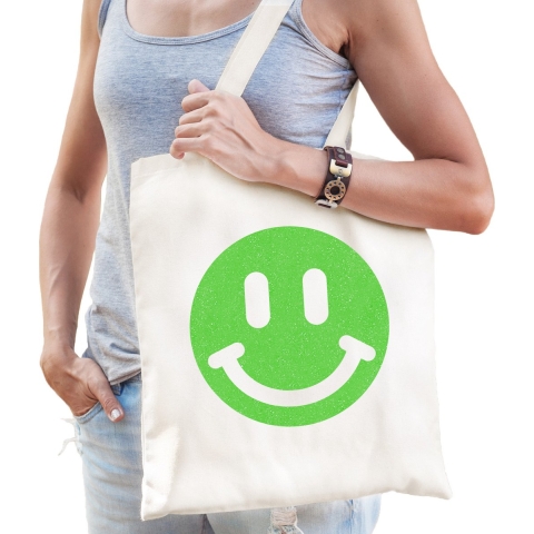 Cadeau tas voor dames - glitter Smile Emoticon - wit - katoen - 42 x 38 cm - Moederdag - verjaardag -