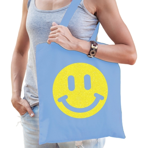 Cadeau tas voor dames - glitter Smile Emoticon - blauw - katoen - 42 x 38 cm - Moederdag - verjaarda -