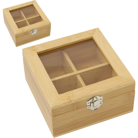 Theedoos - 2x - 4-vaks - naturel - bamboe hout - 14 x 14 x 7.5 cm - theekist - glazen kijkvenster -