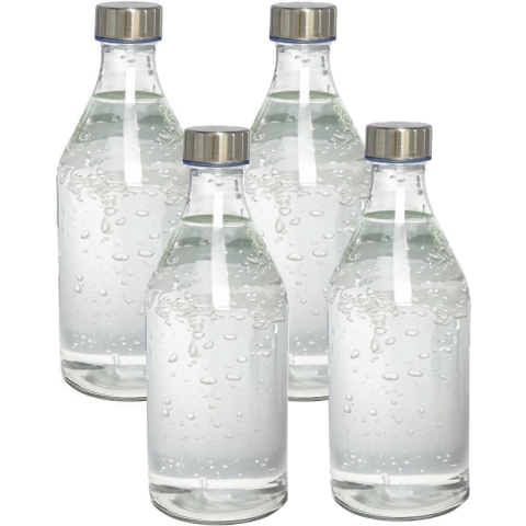 Waterkan - 4x - met deksel - 1L - glas - RVS Dop - waterkaraf - schenkkan - rond -