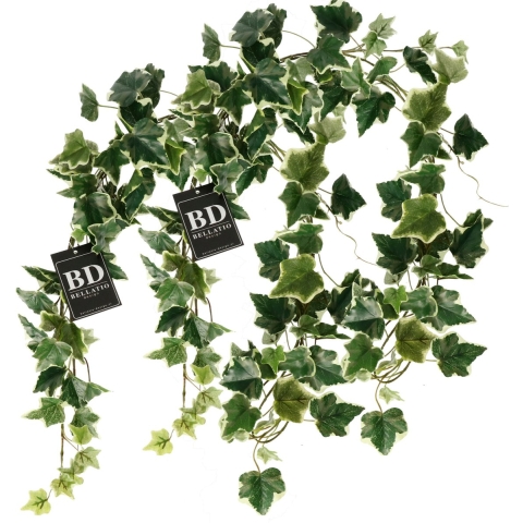 Bellatio Design kunstplant/hangplant slinger - 2x - Klimop/hedera - groen/wit - 180 cm -