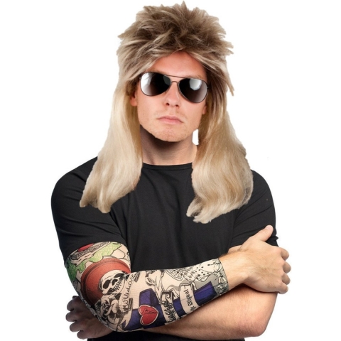 Rocker/biker verkleed set heren - carnaval verkleed pruik blond haar - met 2 Tattoo sleeves -