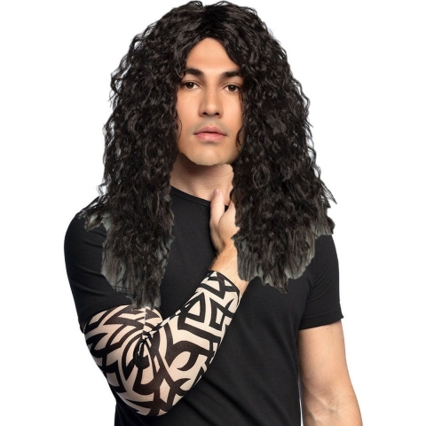 Verkleed setje heren Bikers/Rockers - carnaval verkleedpruik zwart - met setje Tattoo sleeves -