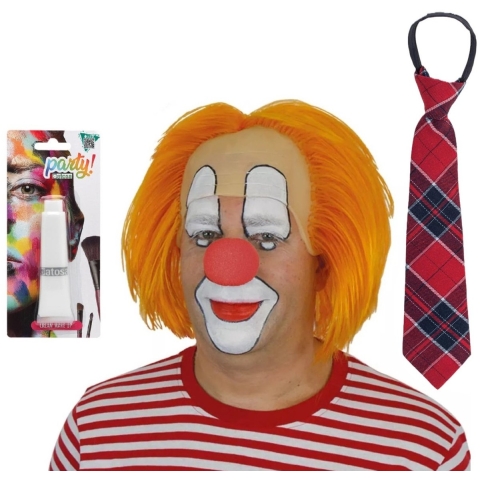 Carnaval verkleed Clown Bassie - pruik oranje - schmink wit - rode neus - stropdas -