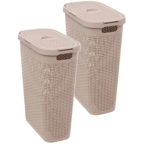 Smalle Wasmand met deksel Rotan - 2x - beige - gevlochten kunststof - 40 liter - 26 x 46 x 60 cm -