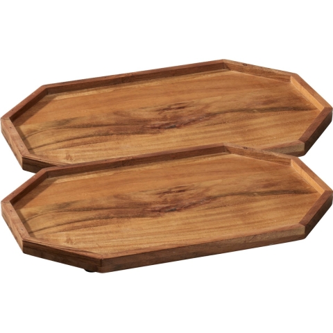Kaarsenbord/decoratie dienblad - 2x - mangohout - 40 x 25 x 2 cm - achthoek - serveerschaal -