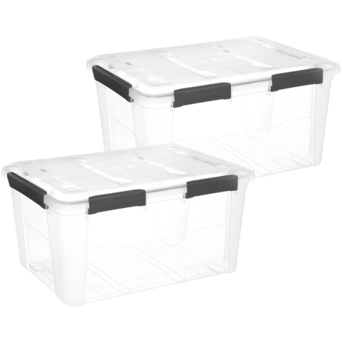 5Five opberg Box met deksel - 2x - Protect - 75 liter - 64 x 48 x 34 cm - kunststof - transparant -