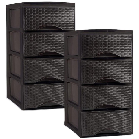 Plasticforte Ladeblok - 2x - 4 lades - kunststof - bruin - rotan - bureau - 26 x 37 x 49 cm -