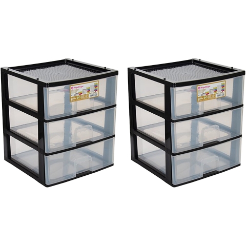 Ladeblokje - 2x - 3 lades - zwart - kunststof - 38 x 38 x 44 cm - ladekastje -