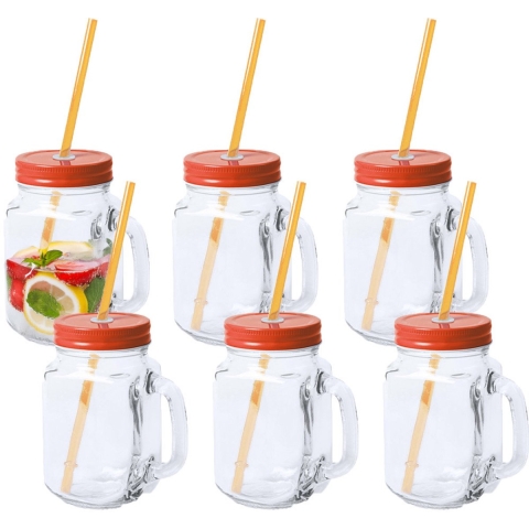 Mason Jar drinkbekers - 6x - glas - dop oranje met rietje - 500 ml - afsluitbaar - fruit shakes -