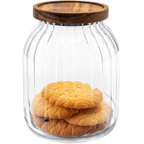 5Five voorraadpot Acacia hout - 2x - glas - 2L - 13 x 18 cm - voorraadpotten - Voedsel/snoep/koekjes -