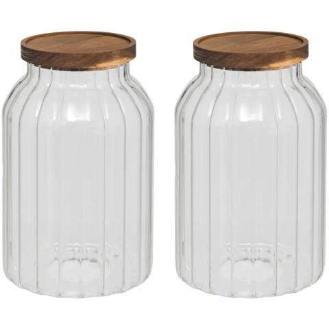 5Five voorraadpot Acacia hout - 2x - glas - 3L - 14 x 23 cm - voorraadpotten - Voedsel/snoep/koekjes -