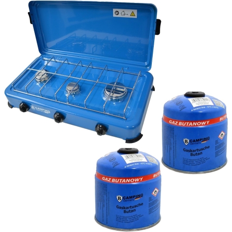 Camping kookpit/kookstel - 3 pits - inclusief butaangas navulling - 2x stuks - 500 gram -