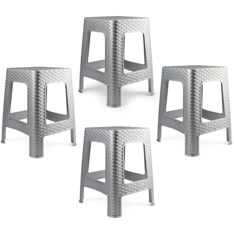 Zit krukjes - 4x - zilvergrijs - rotan kunststof - 37 x 37 x 46 cm - extra zitplaatsen -