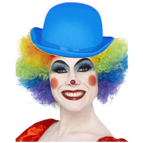 Clown verkleed set gekleurde pruik met bolhoed blauw -