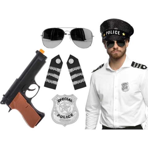 Carnaval verkleed set - politiepet - zwart - met epauletten/badge/zonnebril/pistool - heren/dames -