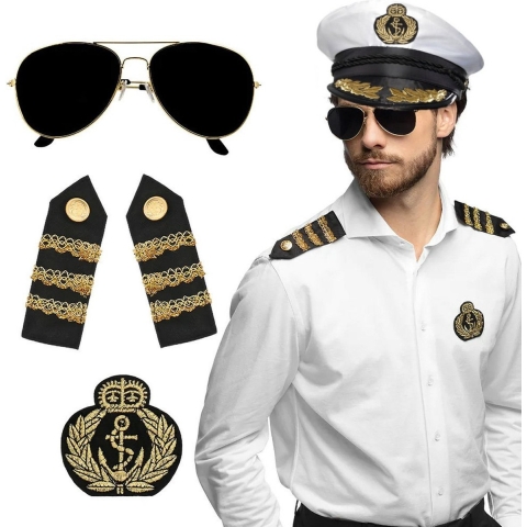 Carnaval verkleed set - luxe kapiteinspet - wit - met epauletten/badge/zonnebril - heren/dames -