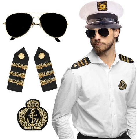 Carnaval verkleed set - luxe kapiteinspet - wit - met epauletten/badge/zonnebril - heren/dames -