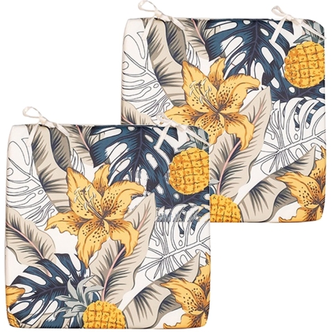 Stoelkussen bloem - 2x - wit/geel - 40 x 40 cm - binnen/buiten -