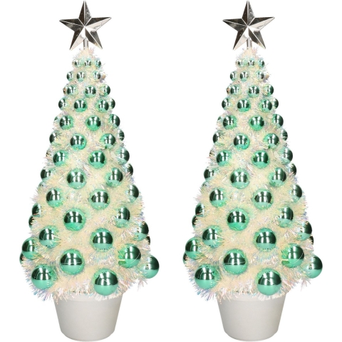 2x stuks complete mini kunst kerstbomen / kunstbomen groen met lichtjes 50 cm -